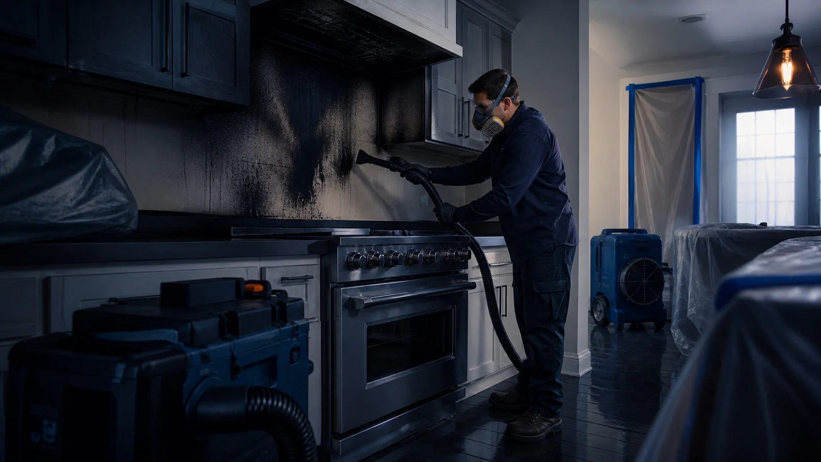 A protected technician uses professional equipment for localized soot cleanup after a fire.