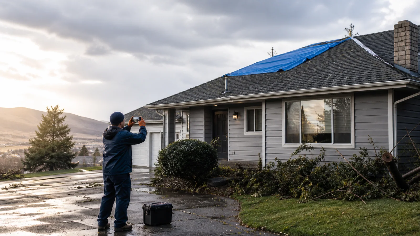 A technician documents a storm-affected Central Washington home from the ground after stabilization.
