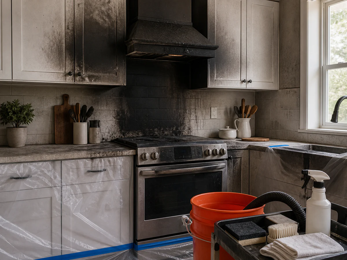A contained kitchen fire scene prepared for professional soot cleanup.