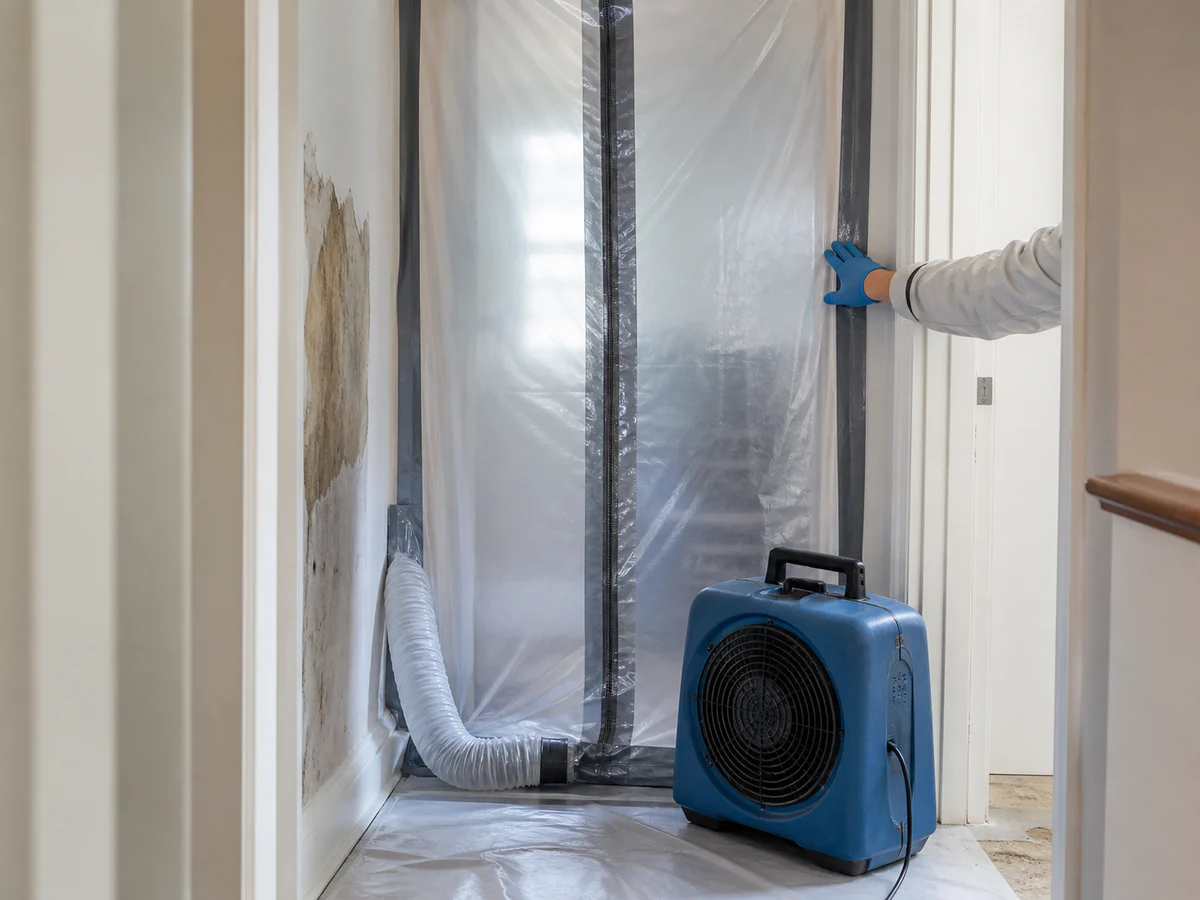 A controlled mold-remediation containment area with an air scrubber.