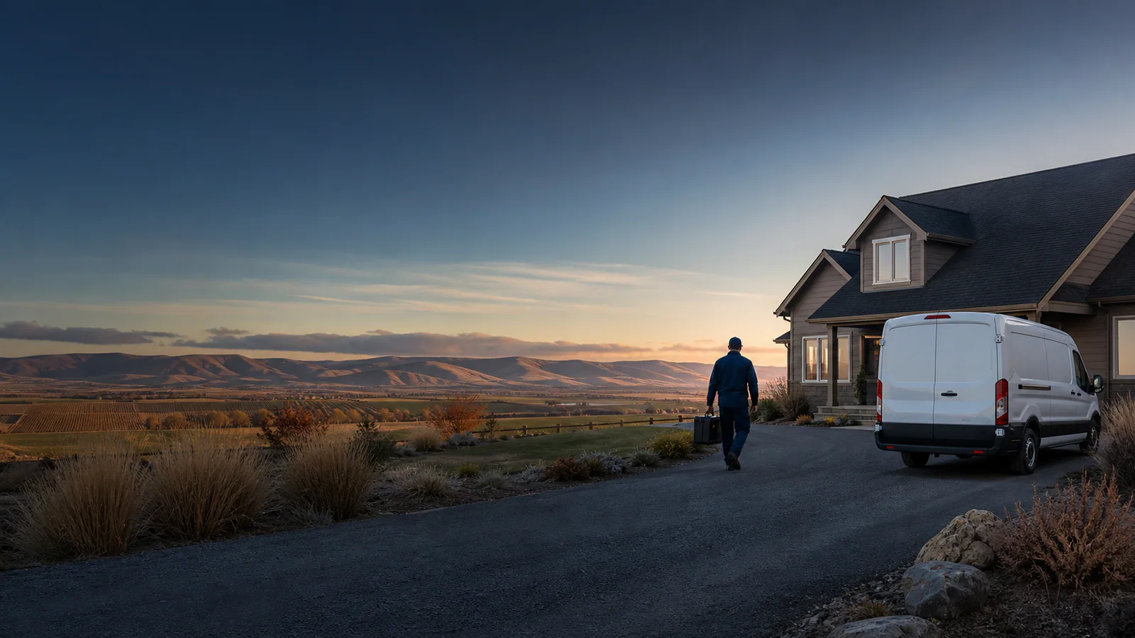 An unbranded restoration van arrives at a Greater Seattle Area home at first light.