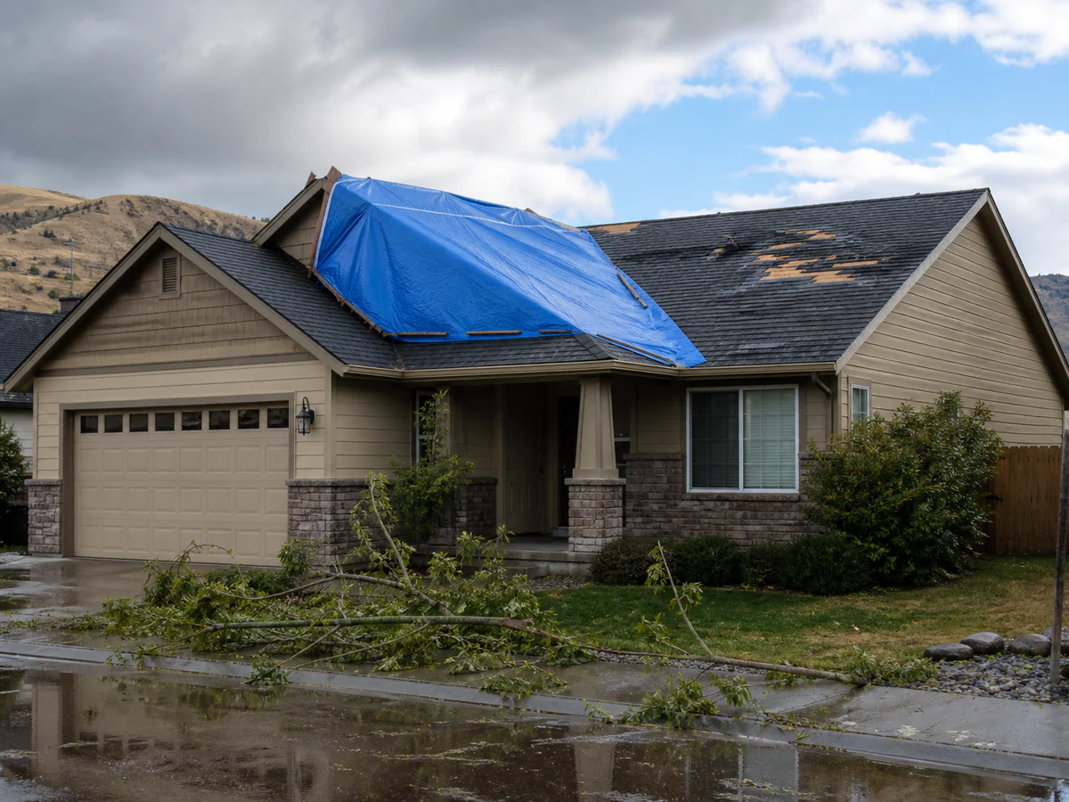 A Greater Seattle Area-style home with a secured roof tarp after wind and rain.