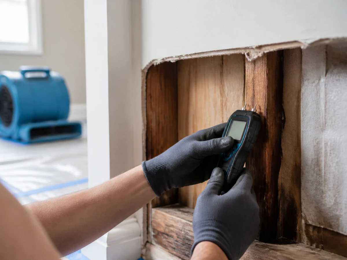 A moisture meter checks an opened wall during water-damage restoration.